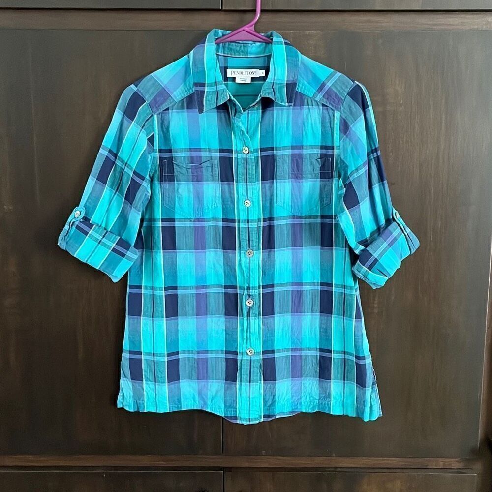 Pendleton Blue Plaid Button Down Size Small - image 1